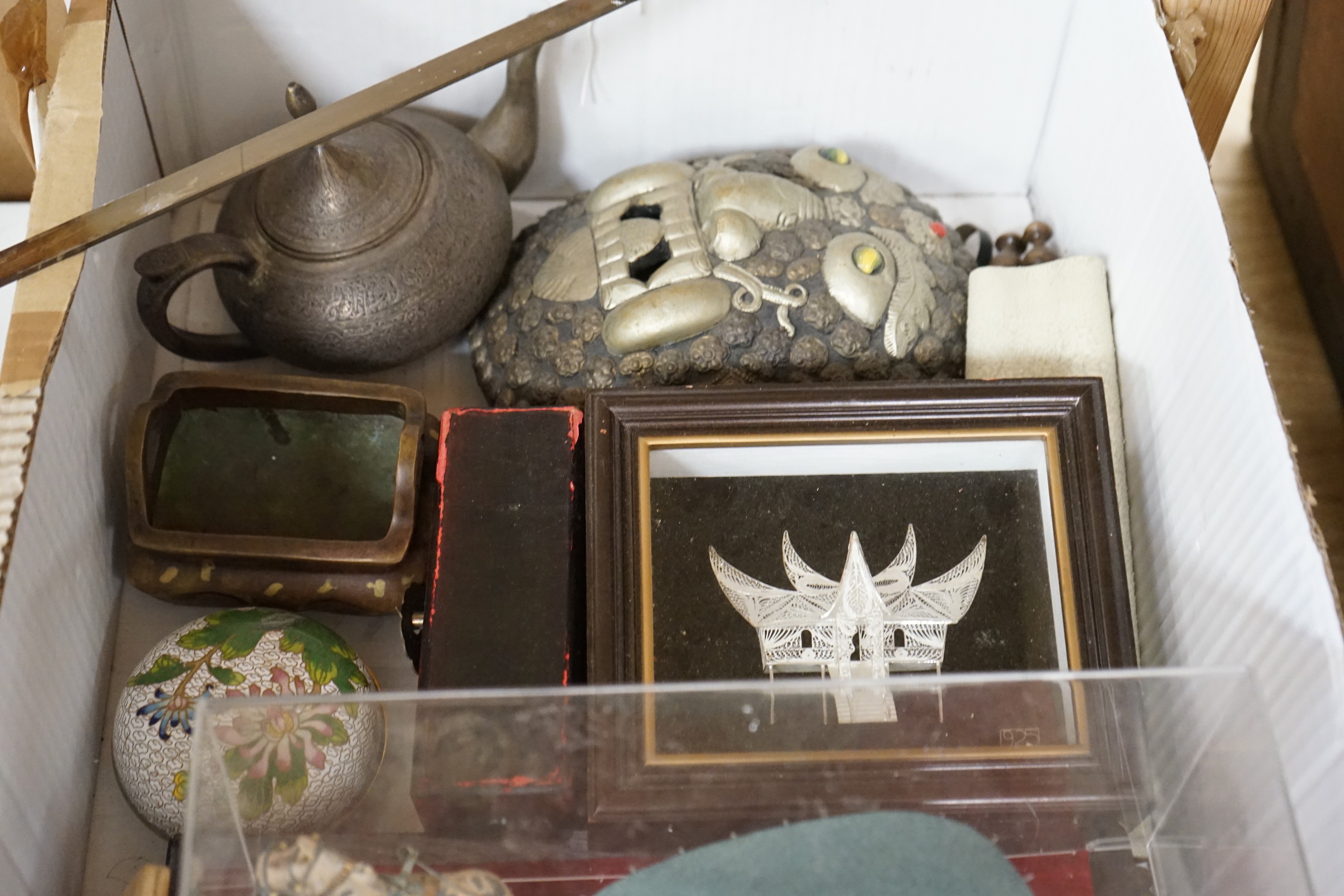 A selection of assorted Chinese domestic and decorative objects, to include a teapot, group figure of a horse and cart etc.